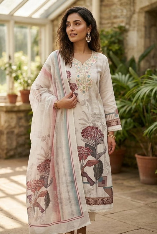 Ivory Botanical Bloom Linen Kurta Set