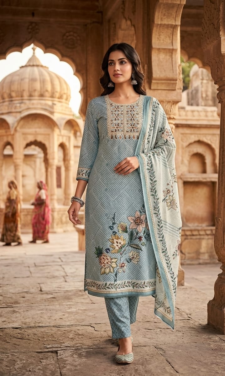 Powder Blue Mirror Work Linen Kurta Set