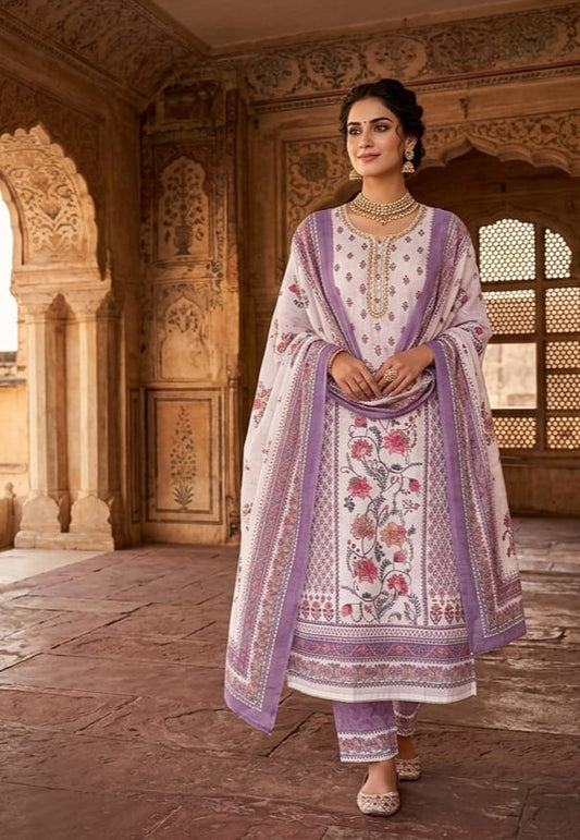 White & Lavender Floral Jaal Linen Kurta Set