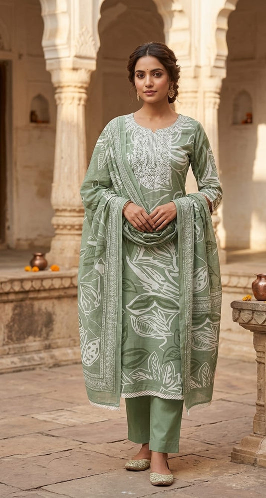 Sage Green Botanical Linen Kurta Set