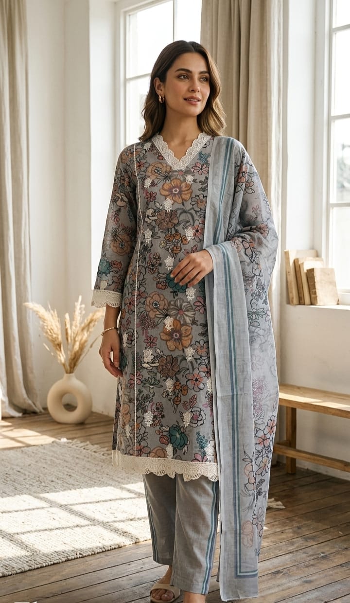 Steel Grey Wildflower Linen Kurta Set