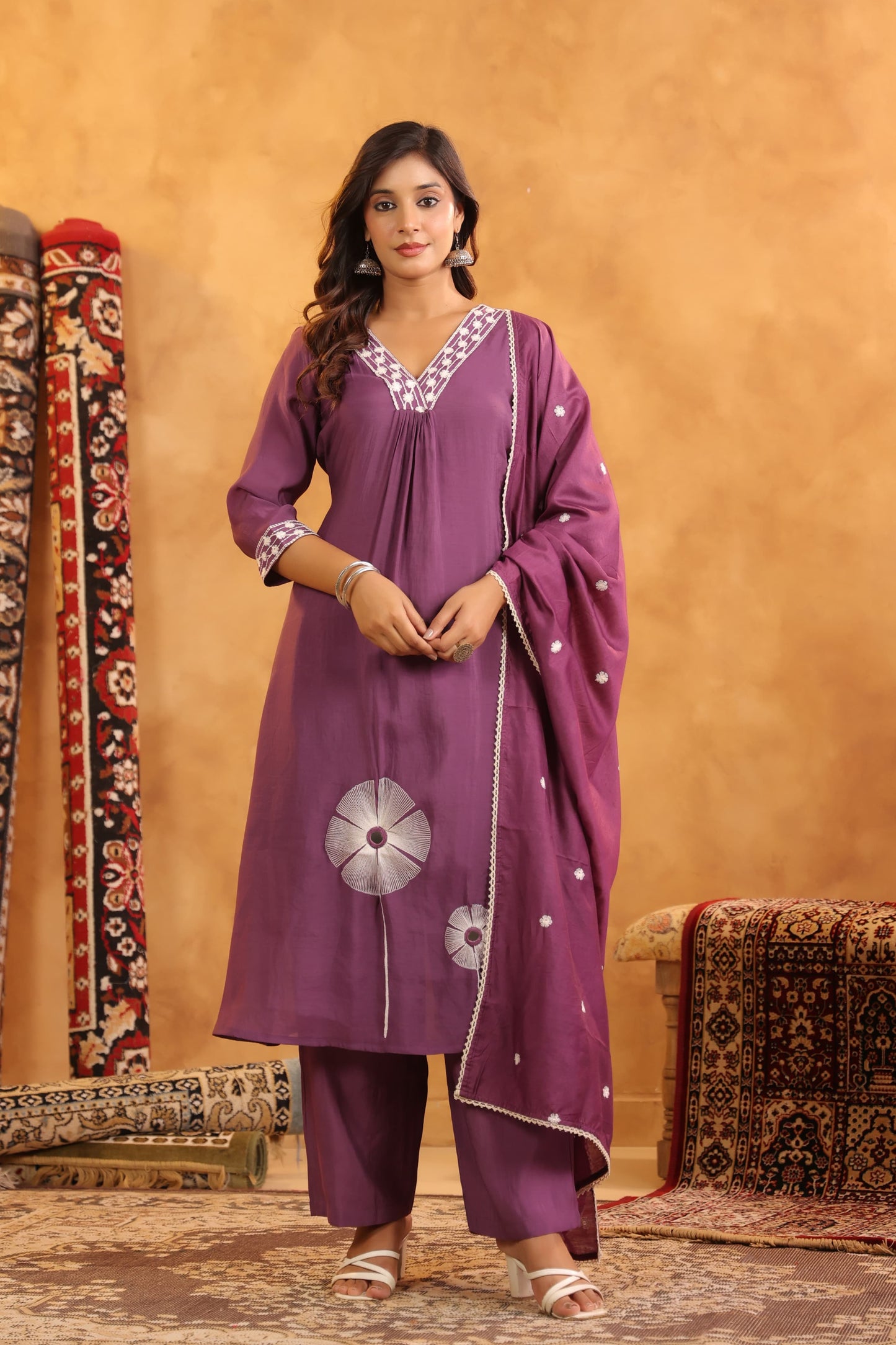 Wine Purple Embroidered Cotton Kurta Set