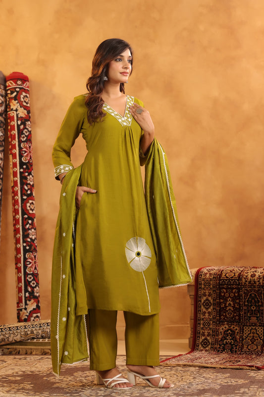 Olive Green Embroidered Cotton Kurta Set