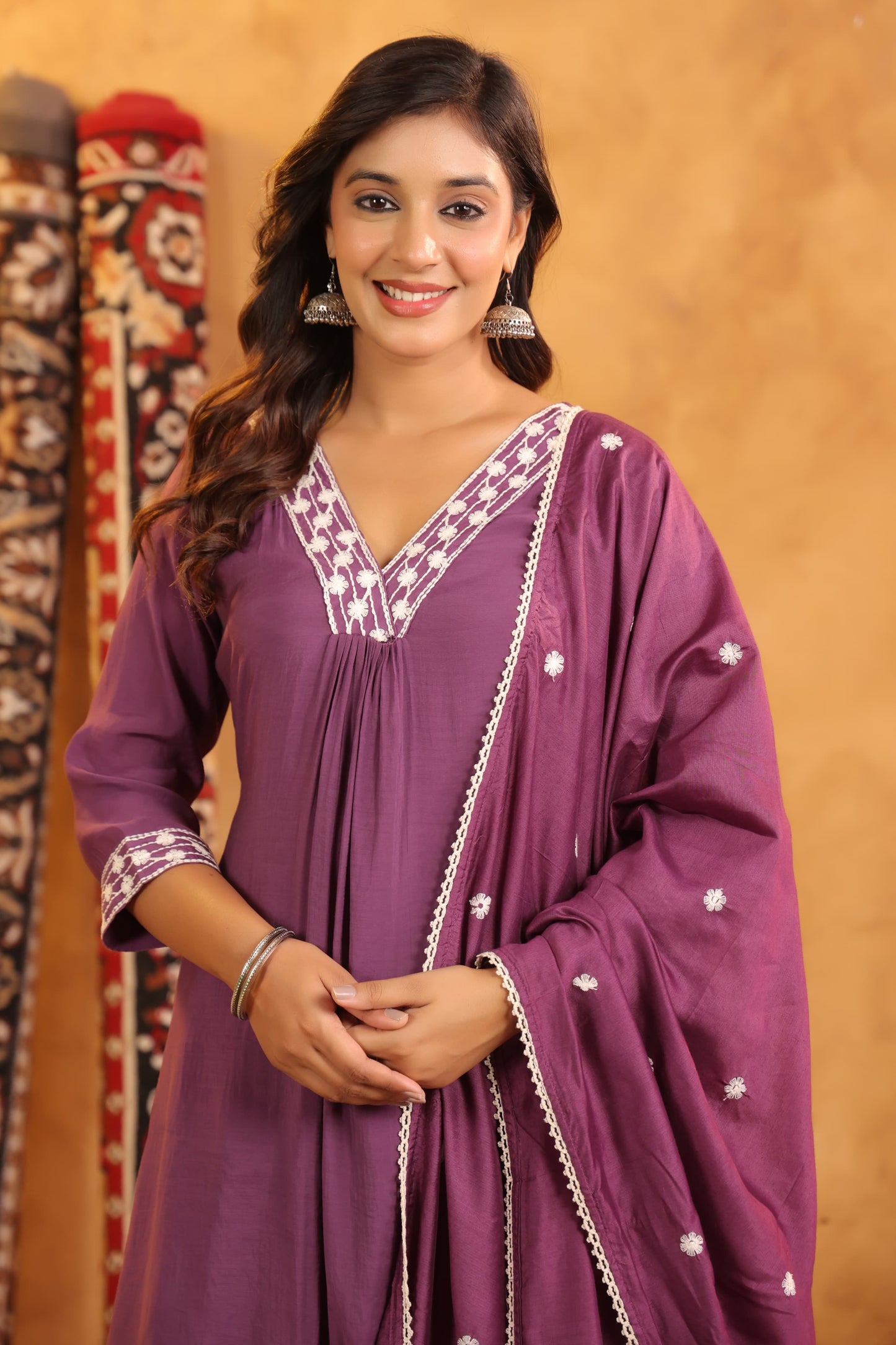 Wine Purple Embroidered Cotton Kurta Set