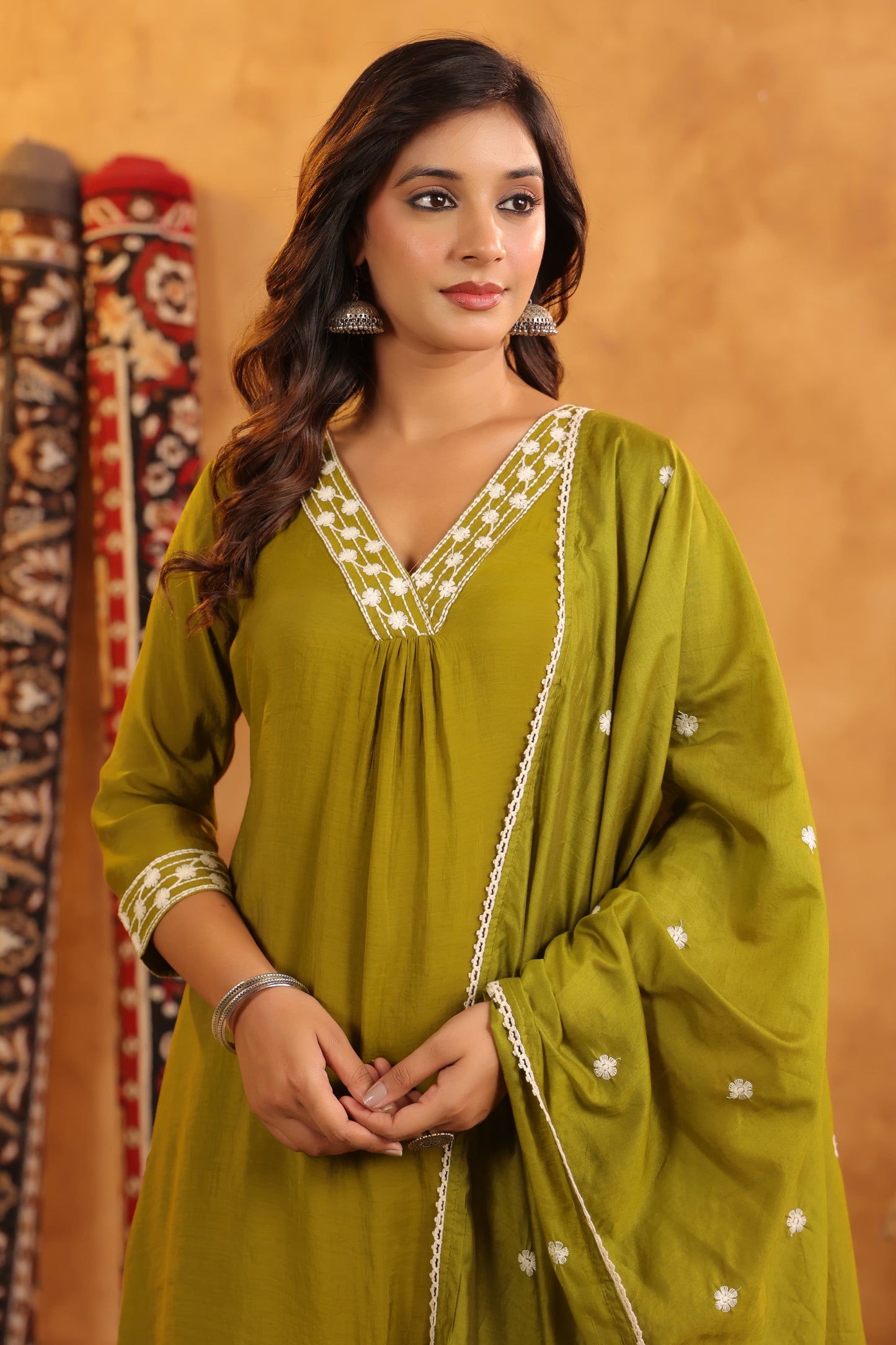 Olive Green Embroidered Cotton Kurta Set